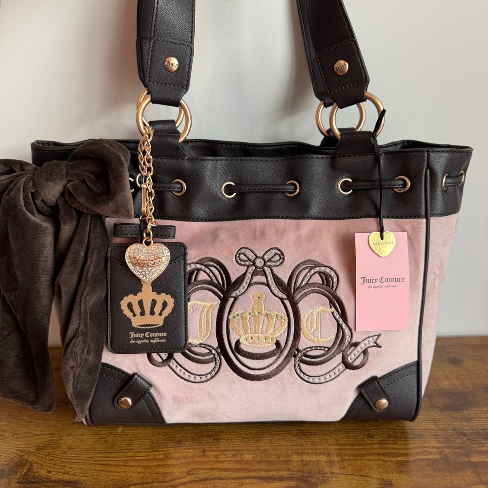 New Juicy Couture Lovers Club Pink Brown Daydreamer Tote Shoulder Handbag Charm
